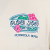 A graphic with Ron Jon Surf Shop and Pensacola Beach text, surrounded by leaves and pink hibiscus flowers, on a light-colored background.