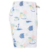White swim shorts featuring colorful tropical prints, including fish, palm trees, and flowers, with Laguna Beach and California text. Elastic waistband with drawstring and side pocket.