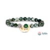 A beaded bracelet with green and white marbled stones, featuring a yellow and white sloth charm, displayed next to the Fahlo logo.