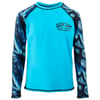 A long-sleeve, blue rash guard with patterned black and blue sleeves and a Ron Jon Surf Shop logo on the chest.