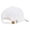 A white baseball cap viewed from the back, showing an adjustable strap with a metal clasp engraved with the initials RJ.
