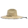 A wide-brimmed straw hat with a black cord and printed fabric trim around the edge, featuring a woven texture and a round crown.