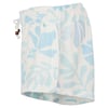 White and light blue floral patterned shorts with an elastic waistband and drawstring, featuring a wooden bead.