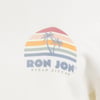 Close-up of a Ron Jon Ocean City, MD logo featuring palm trees against a colorful striped sunset on a white background.