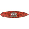 Red surfboard shaped sign with a hibiscus flower pattern and a Ron Jon Surf Shop Cocoa Beach logo in the center.
