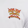 White shirt with Ron Jon Surf Shop x Rip Curl logo featuring orange and yellow stylized text and surfboard graphics.