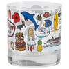 Clear glass with colorful illustrations including a shark, rocket, pineapple, cruise ship, and surfboard.