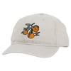 Beige baseball cap with embroidered design of oranges and leaves on the front.
