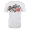 White T-shirt featuring a retro red car graphic and text reading Ron Jon Surf Shop, Cocoa Beach, Fla on the back.