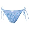 Light blue bikini bottoms with a white floral pattern and side ties.