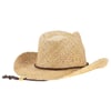 A woven straw cowboy hat with a brown cord around the base and a bead on the left side of the brim.