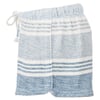 A pair of knitted shorts with horizontal blue and white stripes, featuring a drawstring at the waist.