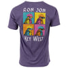 Purple T-shirt with four colorful rooster illustrations and text: RON JON KEY WEST.