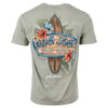 Gray green T-shirt featuring a surfboard and floral design with the text Ron Jon Surf Shop and Orlando on the back.