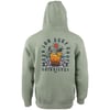Green hoodie with a graphic on the back featuring a beach scene, surfboard, and the text Ron Jon Surf Shop Quiksilver.