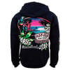 Navy colored hoodie featuring a colorful Ron Jon Surf Shop Cocoa Beach, FL graphic with a parrot, tropical flowers, palm trees, and an ocean sunset on the back.