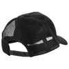 Black mesh trucker cap viewed from the back, featuring an adjustable snapback closure and partially visible front panel.