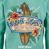 Sweatshirt with Ron Jon Surf Shop logo, featuring a surfboard, flowers, and text Cocoa Beach on a green background.