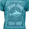 Front view of a teal T-shirt featuring a shark graphic and Ron Jon Surf Shop text.