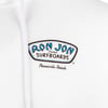 Close-up of Ron Jon Surfboards logo on a white hoodie, featuring Pensacola Beach text.