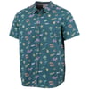 Teal short-sleeve button-up shirt with colorful tropical-themed prints, including palm trees, surfboards, and seashells.
