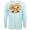 Light blue long-sleeve shirt with a colorful Ron Jon Surf Shop logo, palm trees, and One of a Kind Cocoa Beach text printed on the back.