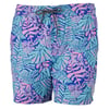 Colorful swim trunks with a blue, teal, and pink tropical leaf pattern, featuring a drawstring waist and a small logo patch on the lower left side.