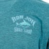 Teal T-shirt featuring a graphic of a shark and the text Ron Jon Surf Shop.