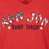 Red t-shirt with RON JON SURF SHOP written on the front; Ron Jon letters have American flag patterns.