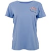 Blue T-shirt with short sleeves, featuring a small surf shop logo with flowers on the upper left chest area.