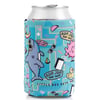 A can in a colorful coozie with a shark, sunglasses, and text reading Ron Jon Surf Shop and Little Box Guy on a blue background.