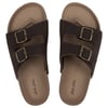 A pair of brown sandals with two adjustable straps and black buckles on each, featuring contoured tan footbeds and branded insoles.