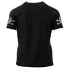 Black short-sleeve shirt shown from the back, featuring white skull and crossbones designs on both sleeves.