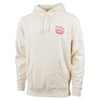 Cream-colored hoodie with front pocket, drawstrings, and logo on the left chest area.