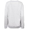 Back view of a plain light grey crewneck sweatshirt with long sleeves and ribbed cuffs and hem.