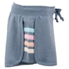 A blue knit skirt with a drawstring waistband features a front panel revealing horizontal pastel stripes in pink, blue, orange, and white.