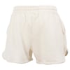 Beige fabric shorts with an elastic waistband and side pockets, viewed from the front.