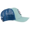 Light blue and navy mesh trucker hat with a round embroidered patch on the front and a curved brim.