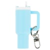 A light blue water bottle keychain with a handle, attached key ring, and small drinking spout at the top.