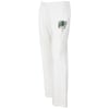 White sweatpants with an elastic waistband and a small Clearwater Beach logo printed on the upper left thigh.
