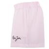 Pink and white striped shorts with an elastic waistband and Ron Jon embroidered in black on the left leg.