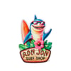 Cartoon shark wearing sunglasses, holding a surfboard, over a wooden sign with Ron Jon Surf Shop text and surrounded by hibiscus flowers and leaves.