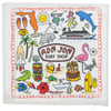 Colorful Ron Jon Surf Shop beach-themed illustrations on a white background, featuring animals, palm trees, space shuttle, and ocean motifs.