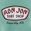 Logo for Ron Jon Surf Shop in Ocean City, MD, featuring bold red and black text on a green background.