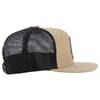 Side view of a beige and black mesh trucker cap with a flat brim.