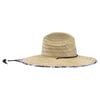 Wide-brimmed straw hat with a black chin strap and a patterned blue and white trim.