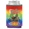 A can in a rainbow-colored coozie featuring a sloth, palm tree, Just Hangin, and Ron Jon Surf Shop text with a sunset background.