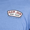 Close-up of a blue T-shirt with a Ron Jon Surf Shop Orlando logo printed on the upper chest.