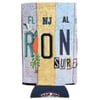 A can cooler featuring a colorful Ron Jon Surf Shop design with letters and state abbreviations FL, NJ, and AL on a textured background.