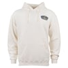 Cream-colored hoodie with a front pocket and drawstring hood. Features a blue patch with yellow text on the chest.